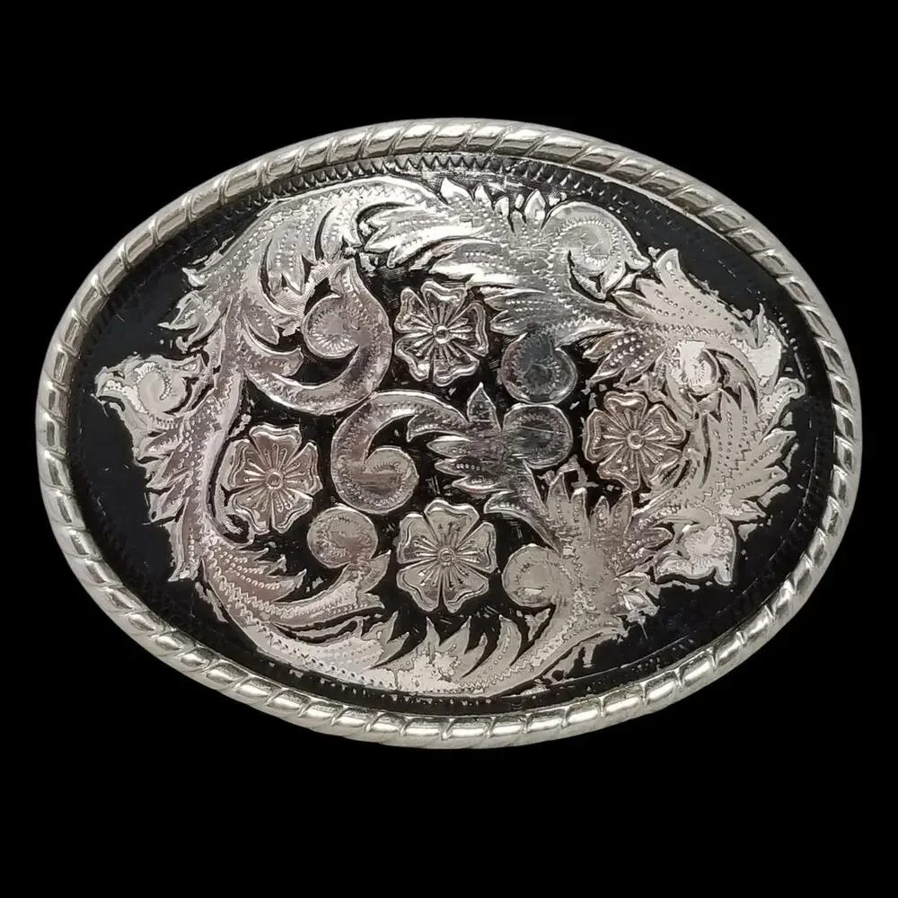 Vintage Belt Buckle Western Filigree Shiny Chrome Silver And Black‎ Color USA W